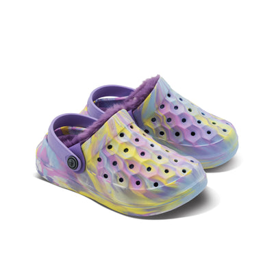 Marbled Purple Pastel Lilac Kids Varsity Lined Clog#color_marbled-purple-pastel-lilac