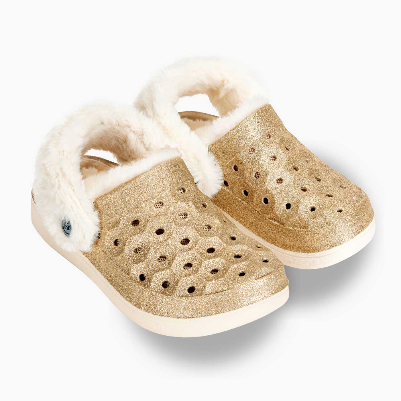 Gold Glitter Natural Kids Varsity Lined Clog#color_gold-glitter-natural