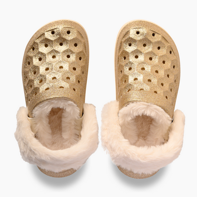 Gold Glitter Natural Kids Varsity Lined Clog#color_gold-glitter-natural