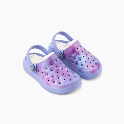 Blue Iris Cloud Tie Dye Kids' Varsity Lined Clog#color_blue-iris-cloud-tie-dye